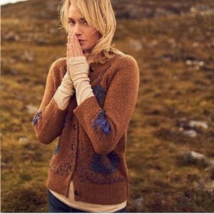 Anthropologie Field Flower Golden Grove Cardigan sweater embroidered beaded Sz L
